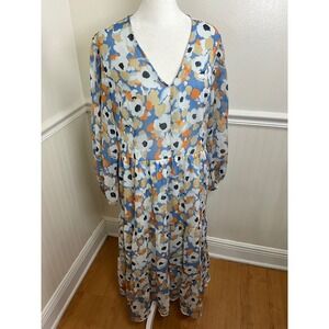 Joie Women's Maxi Dress Floral Print Long Sleeve Sheer Blue Orange Women Size L‎